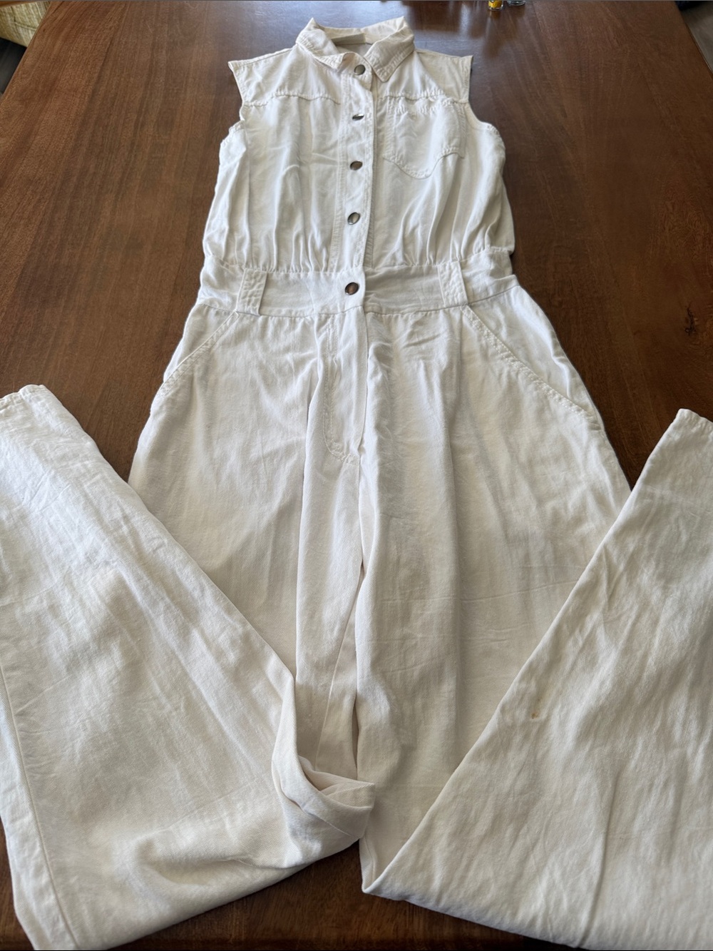 Vintage Cherokee Denim Sleeveless White Button-Front Jumpsuit